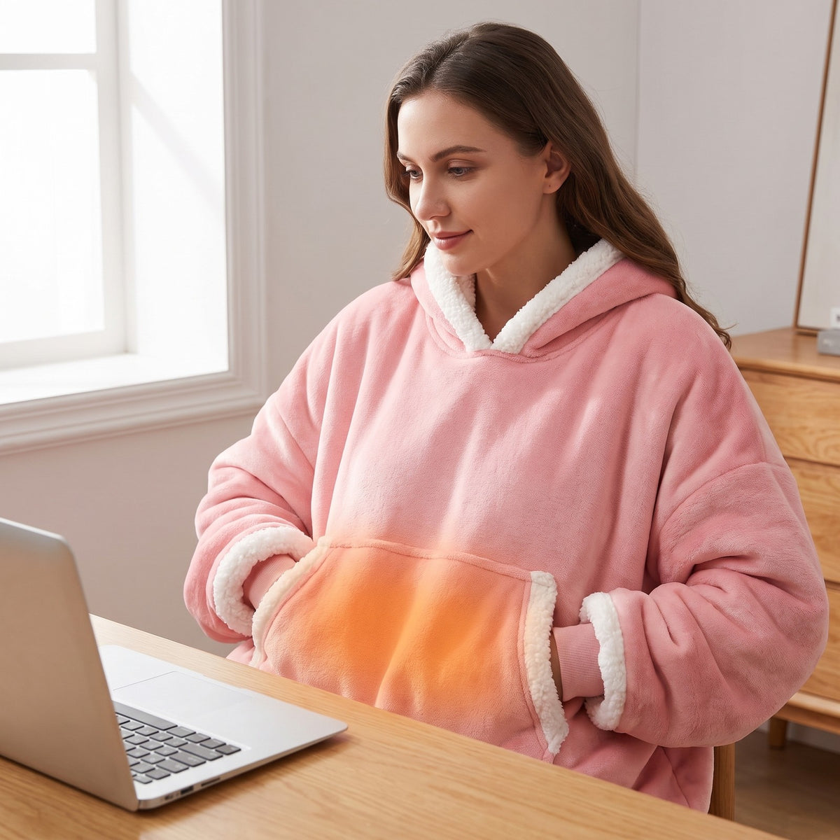 Hands warming in the heated front pocket at the desk