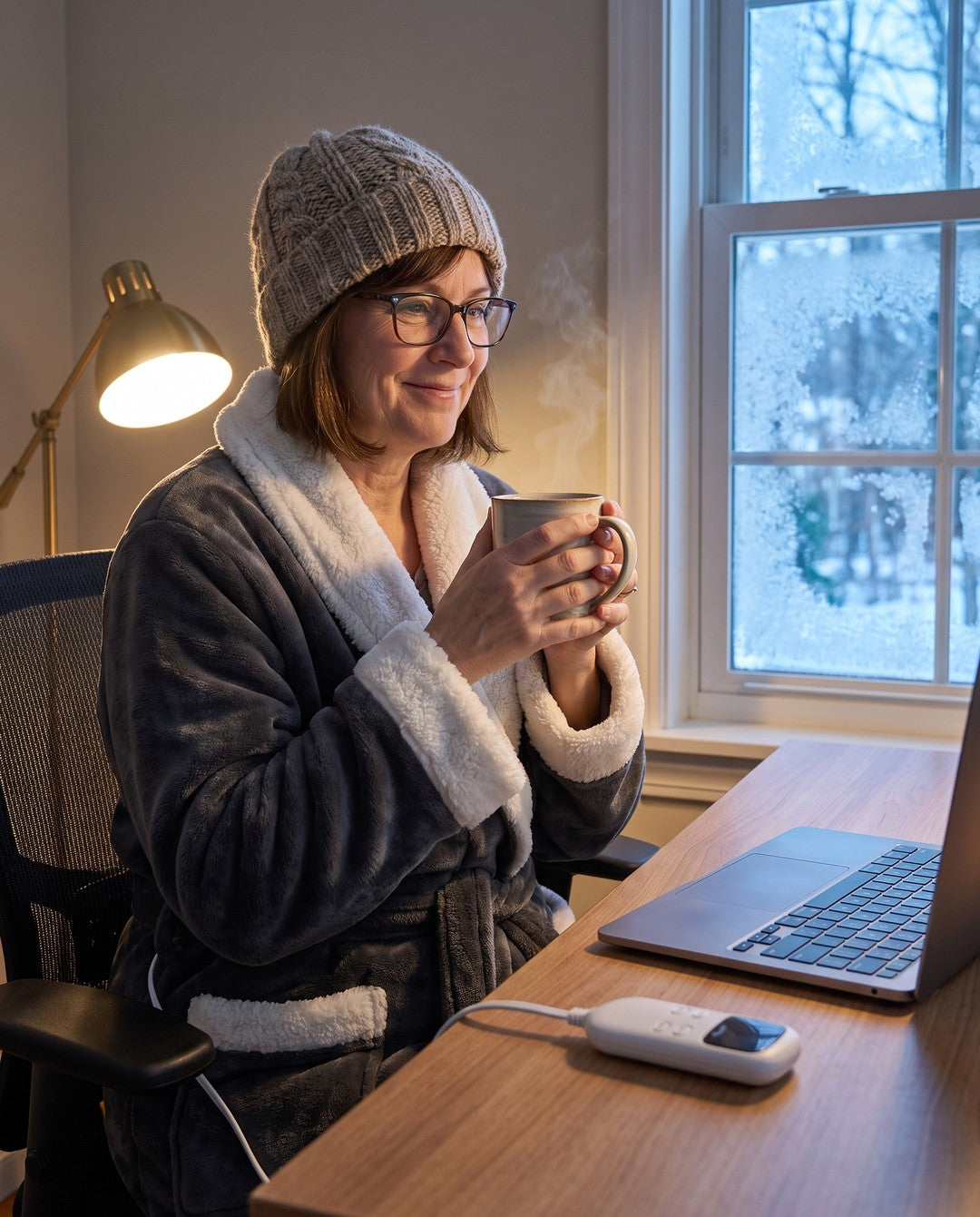 Warm at the desk in Heatie on a frosty afternoon