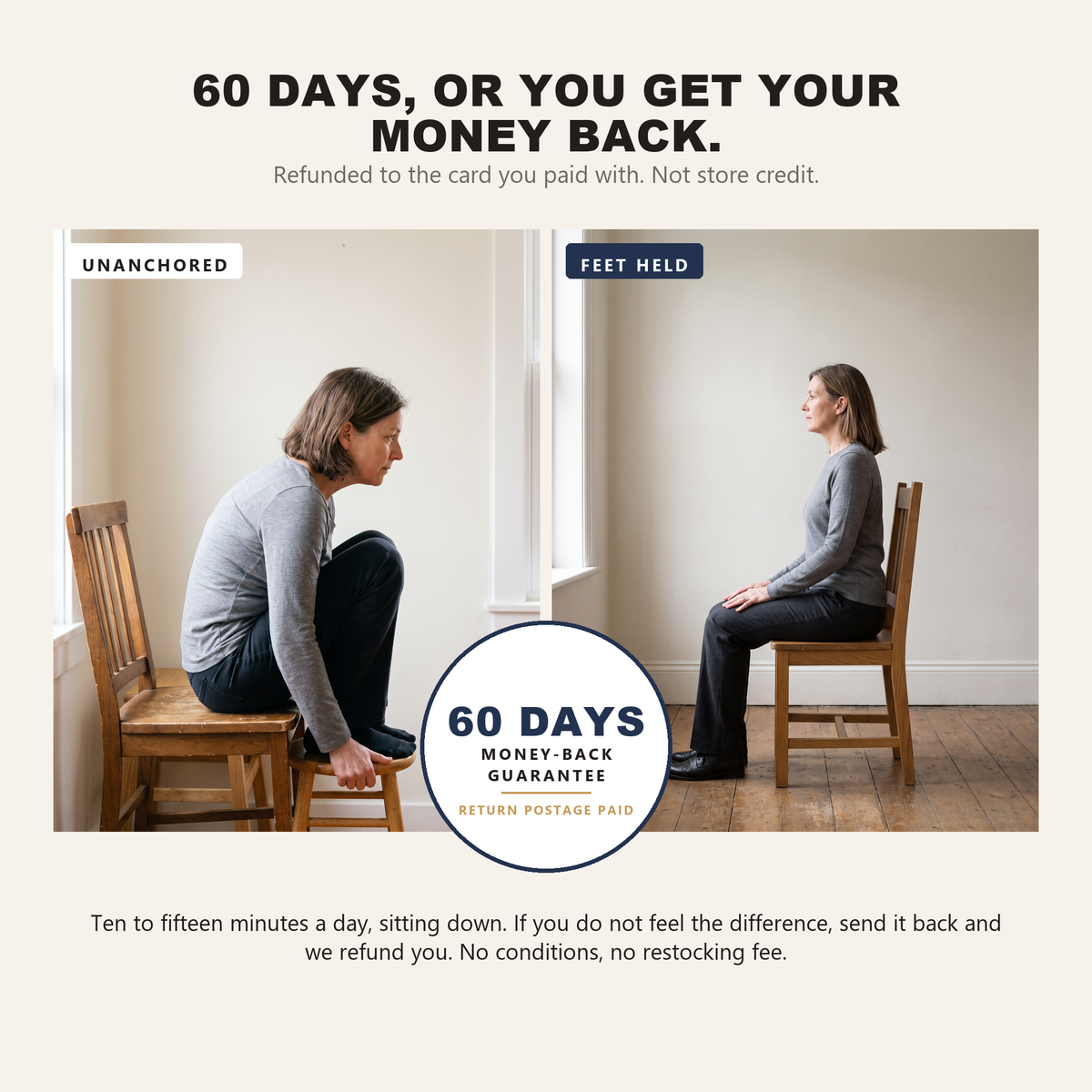 Two photographs of the same woman on the same chair, unanchored and then with her feet held, beside a round 60-day money-back guarantee seal