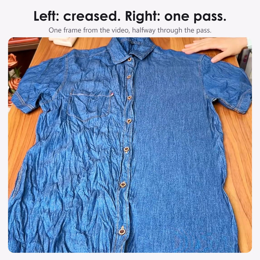 A denim shirt dress on a table: left side creased, right side pressed in one pass