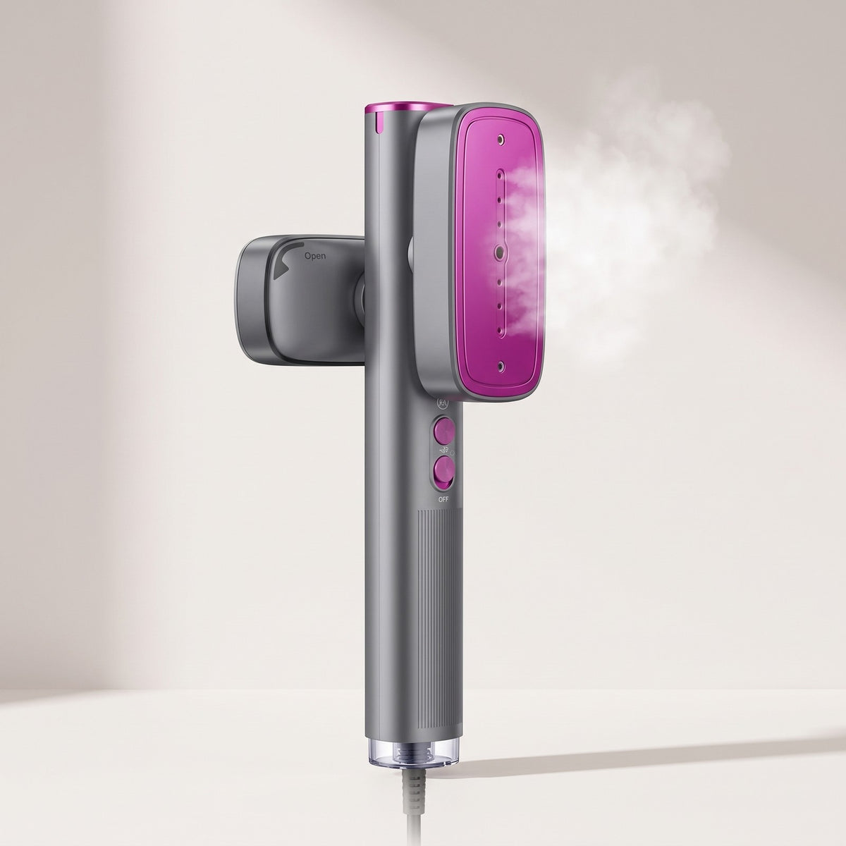 LEVARA 2-in-1 handheld steamer and iron with the steam head open