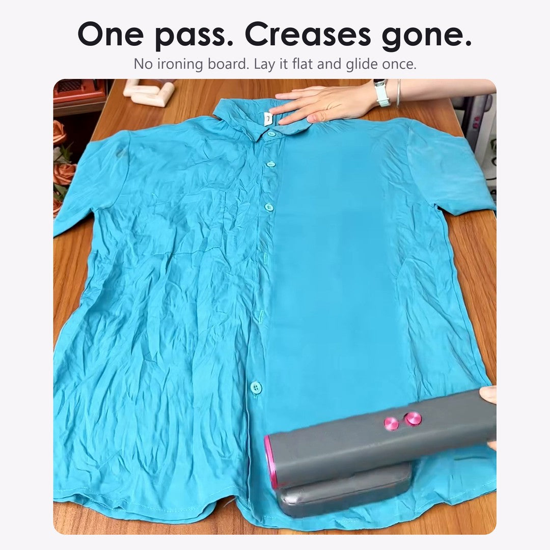 One pass, creases gone: a creased shirt on a table, half pressed flat by LEVARA in one pass